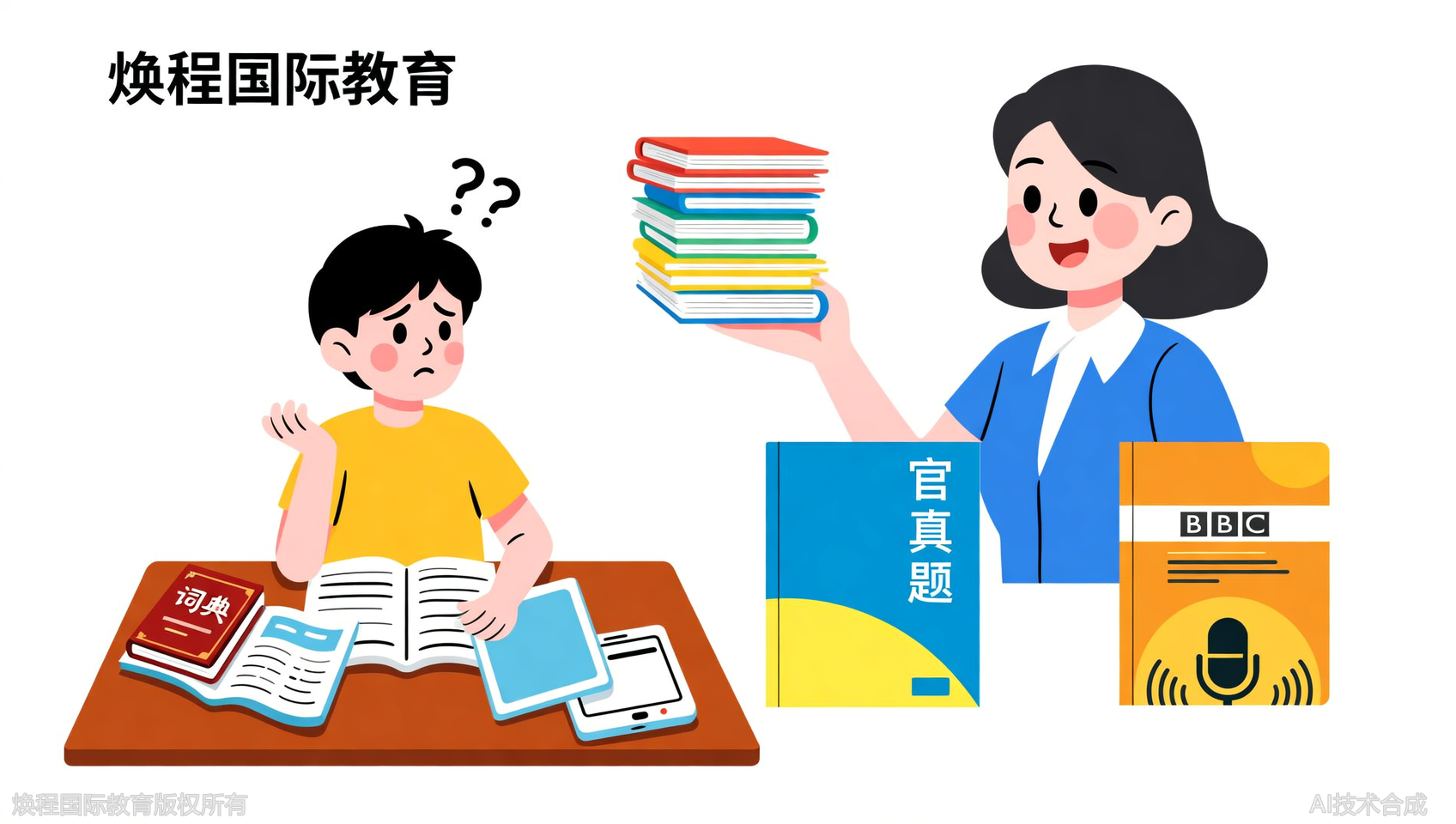 看教材：焕程国际教育自编教辅+官方真题+BBC素材结合