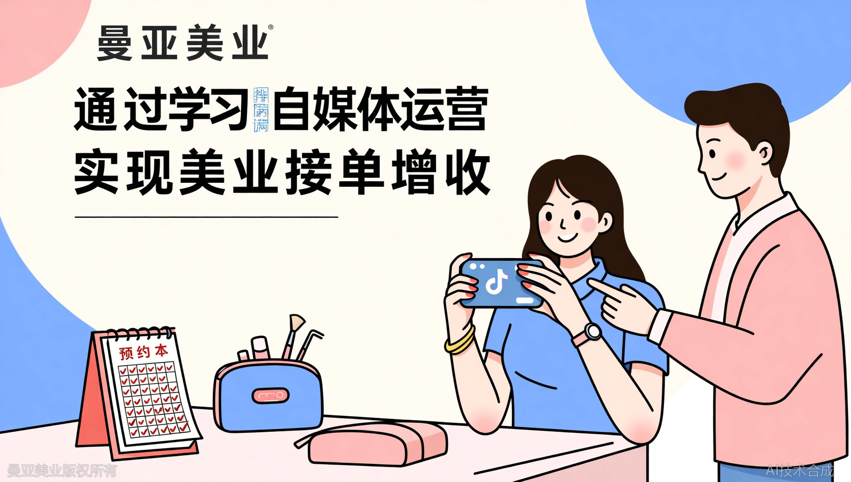 跟曼亚美业老师学的自媒体运营，我现在抖音接单排满