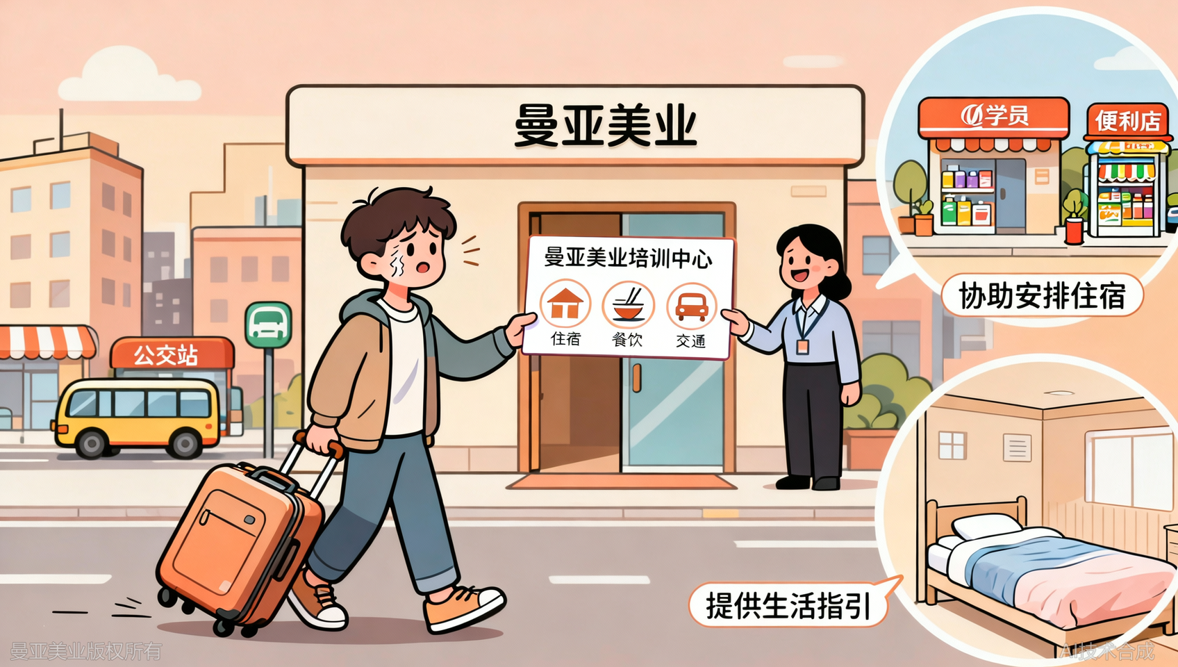外地学员来曼亚美业，可协助安排住宿与生活指引