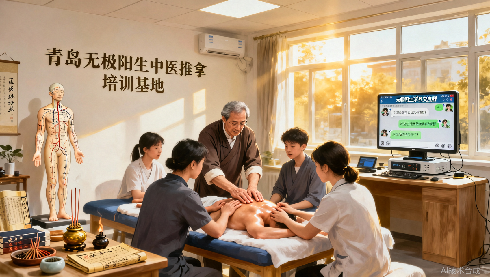 青岛无极阳生中医推拿培训基地学员微信群每日答疑，毕业后仍有技术支持