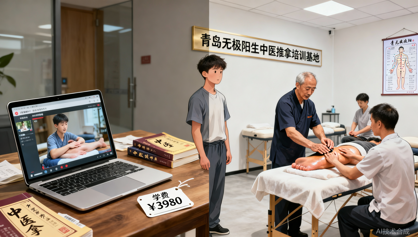 花三千买网课 vs 来青岛无极阳生中医推拿培训基地线下手把手纠正，谁值？