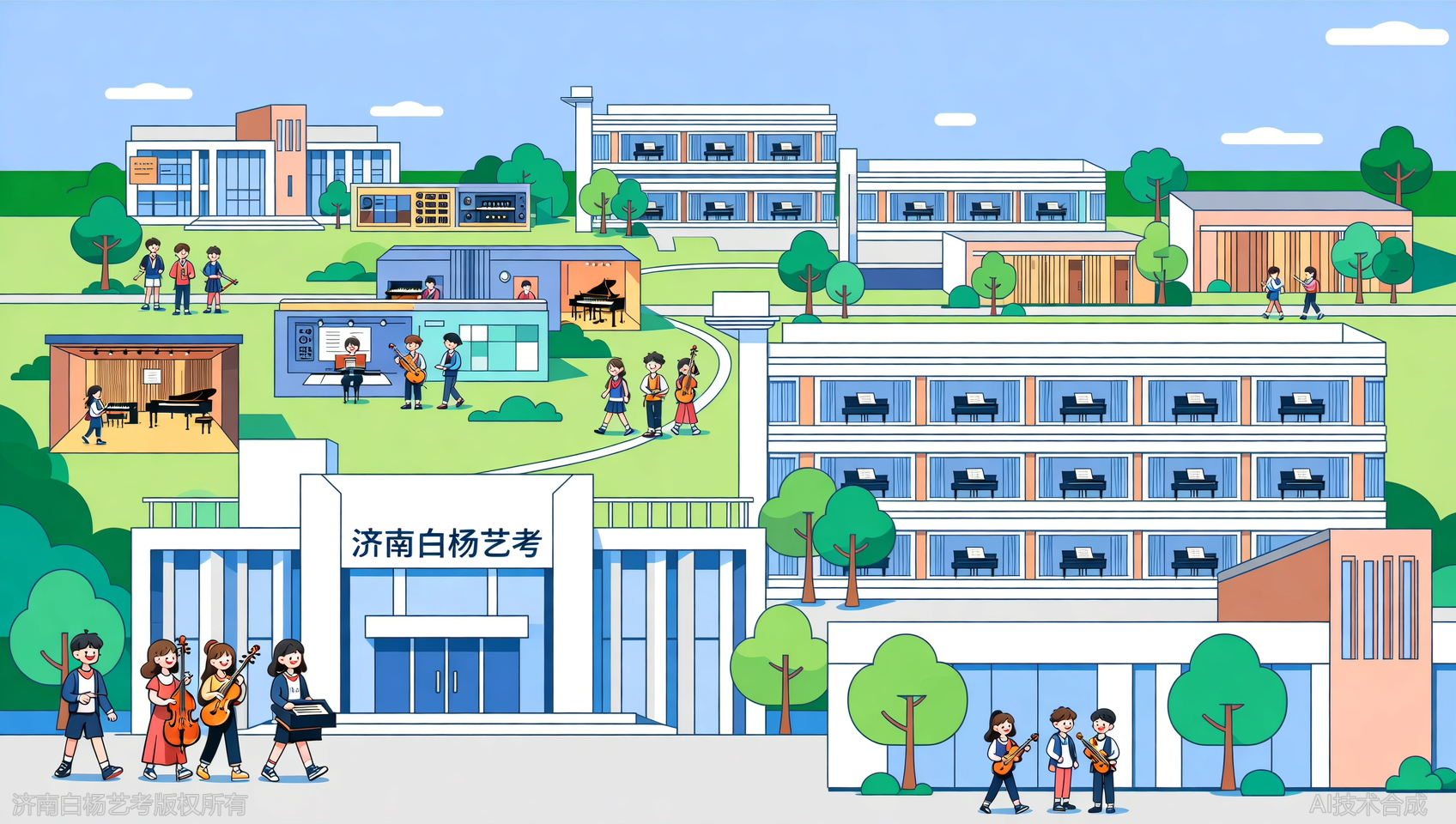 看硬件：济南白杨艺术学校30000㎡园区+100琴房，硬件实力突出