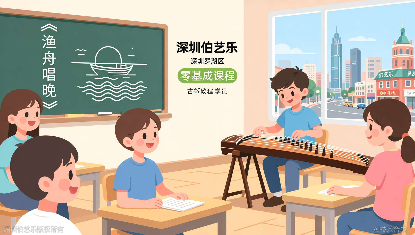 深圳罗湖区古筝零基础学多久能弹渔舟唱晚？伯艺乐音乐培训班