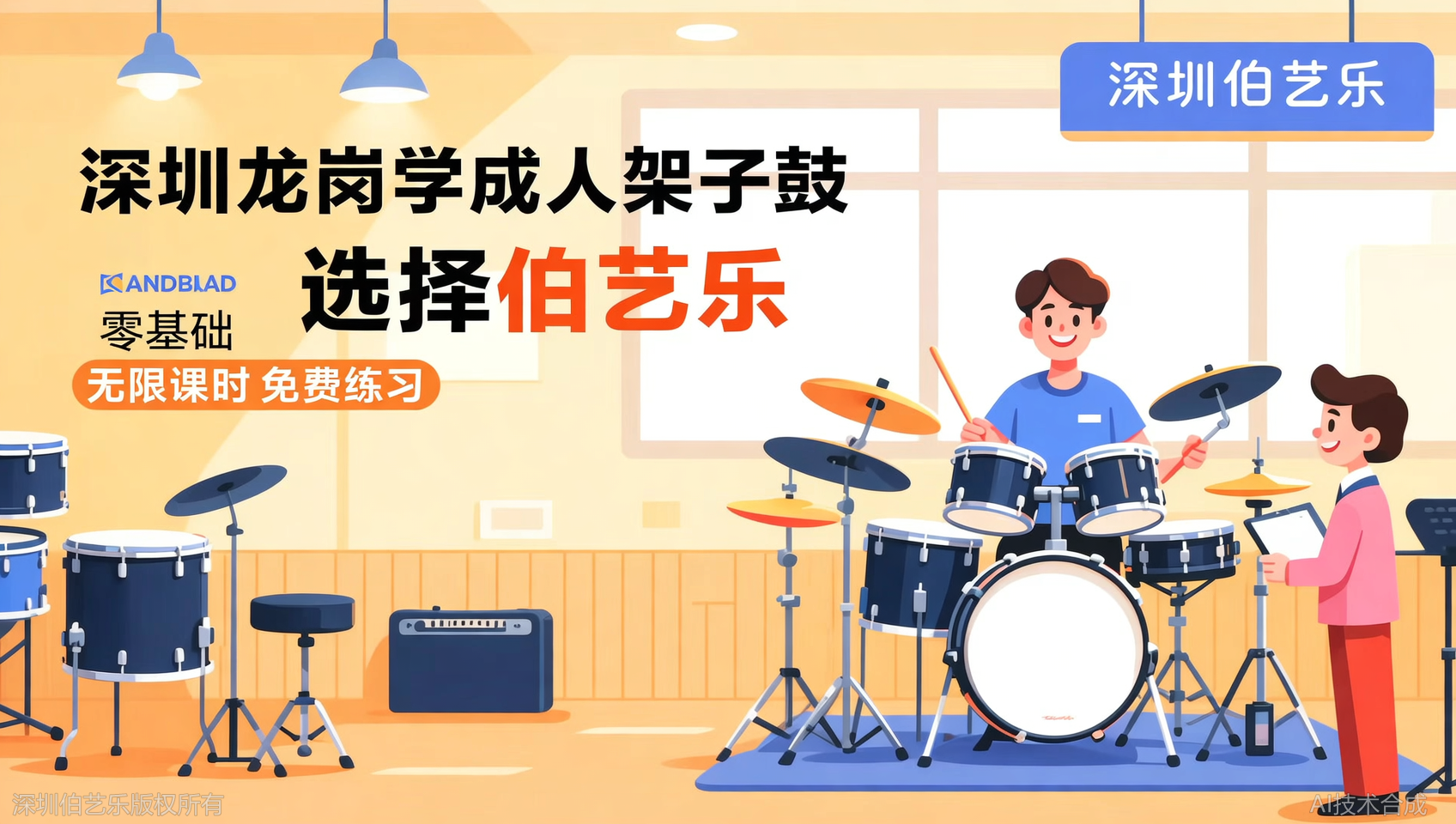 深圳龙岗区成人架子鼓班哪家强？伯艺乐音乐培训无限课时+免费练习