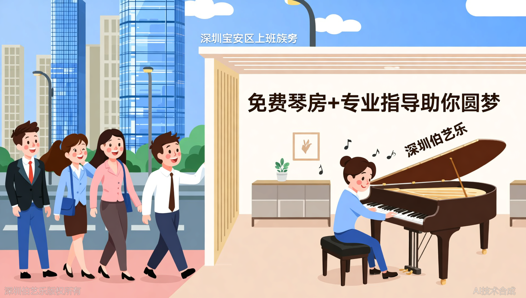 深圳宝安区上班族学钢琴怕没时间练？伯艺乐音乐培训免费琴房+指导