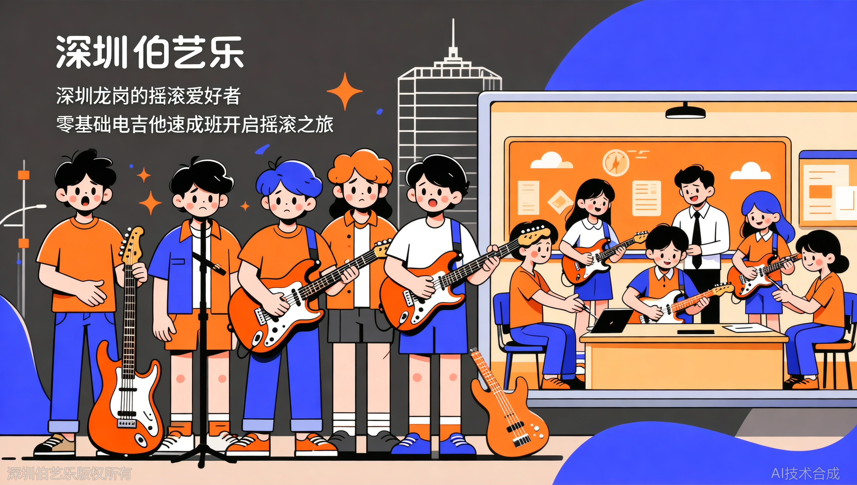 深圳龙岗区想玩摇滚但不会电吉他？伯艺乐音乐培训班从拨弦开始