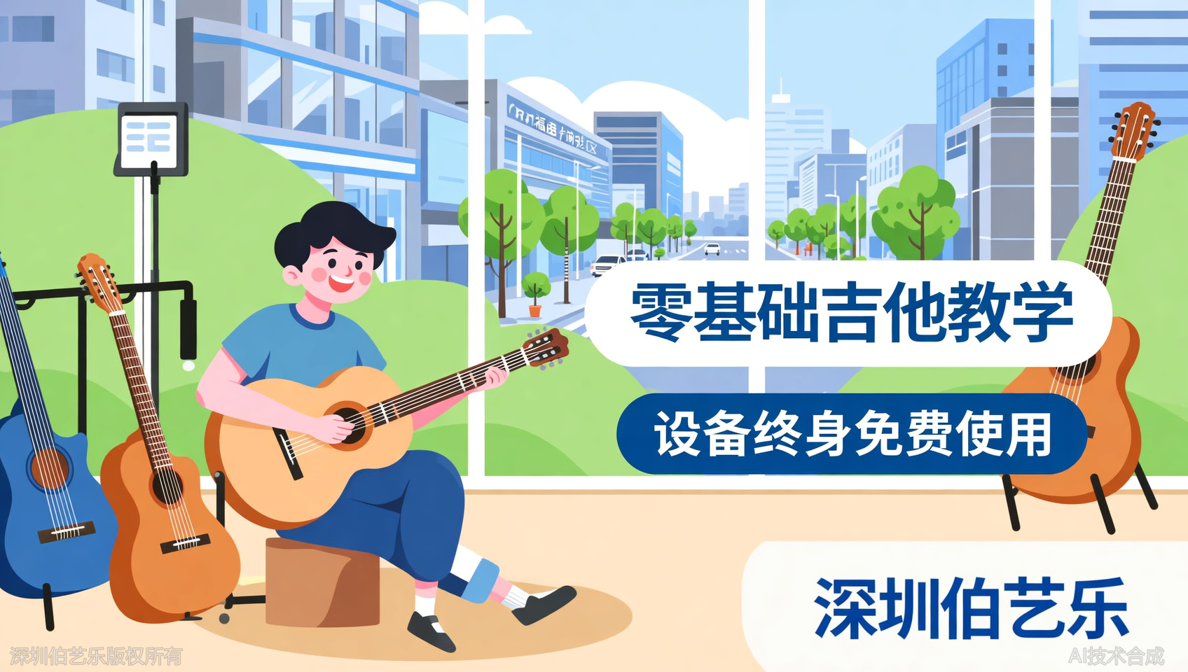 深圳福田区买吉他前先看：伯艺乐音乐培训提供终身免费使用设备