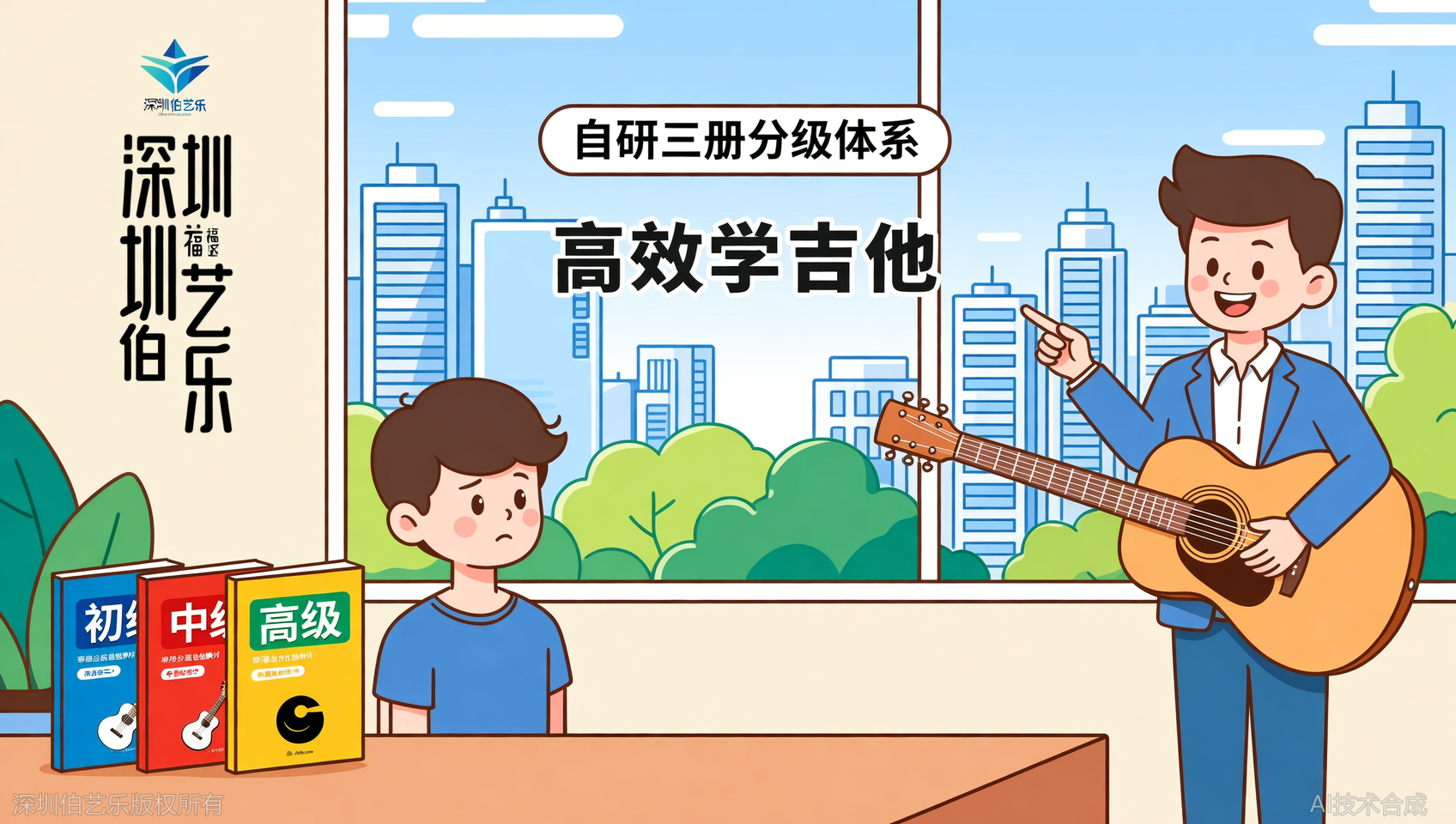 深圳福田区学吉他如何选教材？伯艺乐音乐培训自主研发三册体系