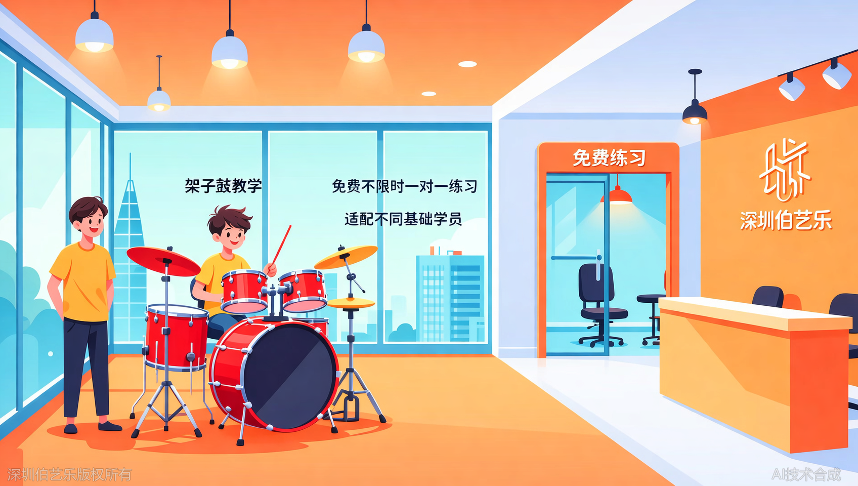 深圳宝安区学完架子鼓还能免费练？伯艺乐音乐培训一对一课室全天开放