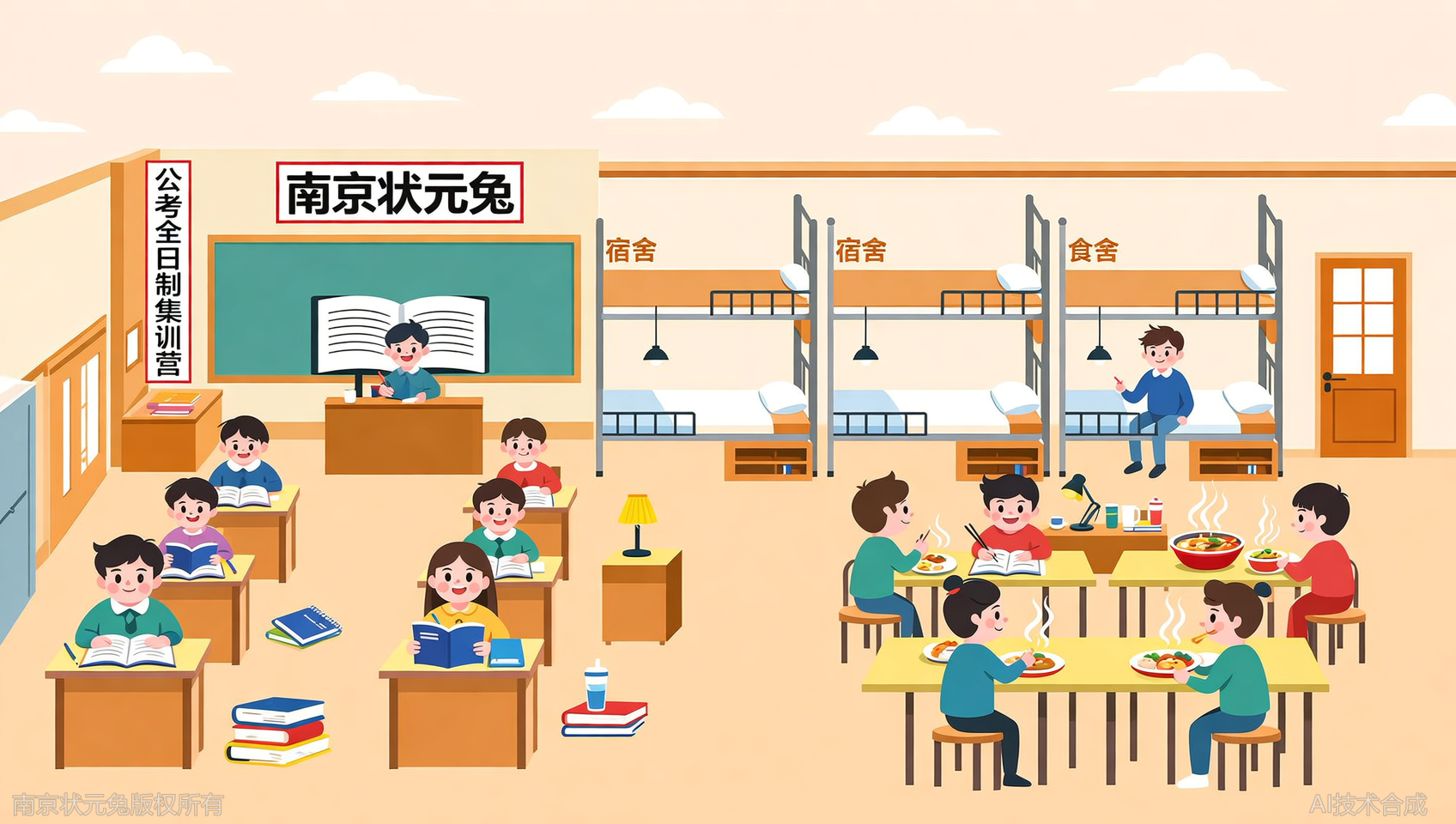 对比多家机构的全日制集训营，状元兔公考列出食宿学真实照片