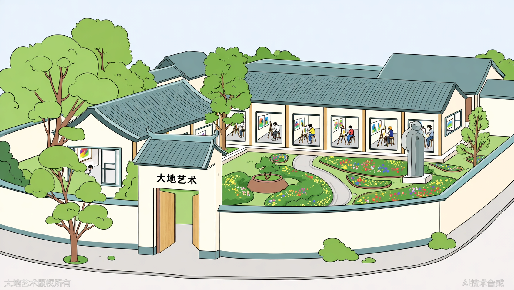 长沙四合院式美术集训画室校园实拍：大地艺术环境全曝光