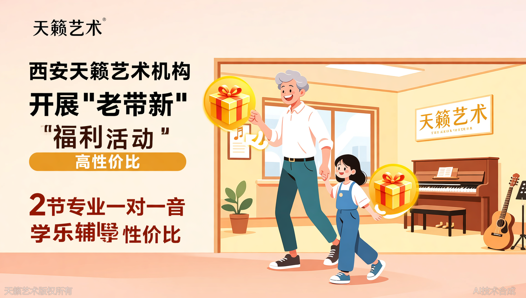天籁艺术老学员推荐新学员，各得2节一对一辅导