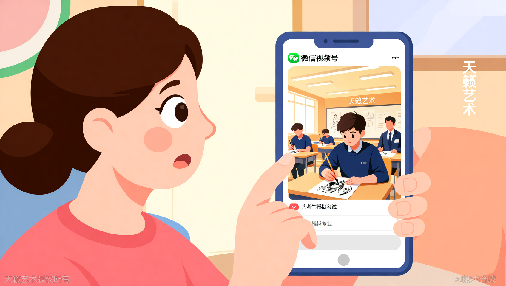 微信视频号里，天籁艺术学员的模拟考视频引家长转发