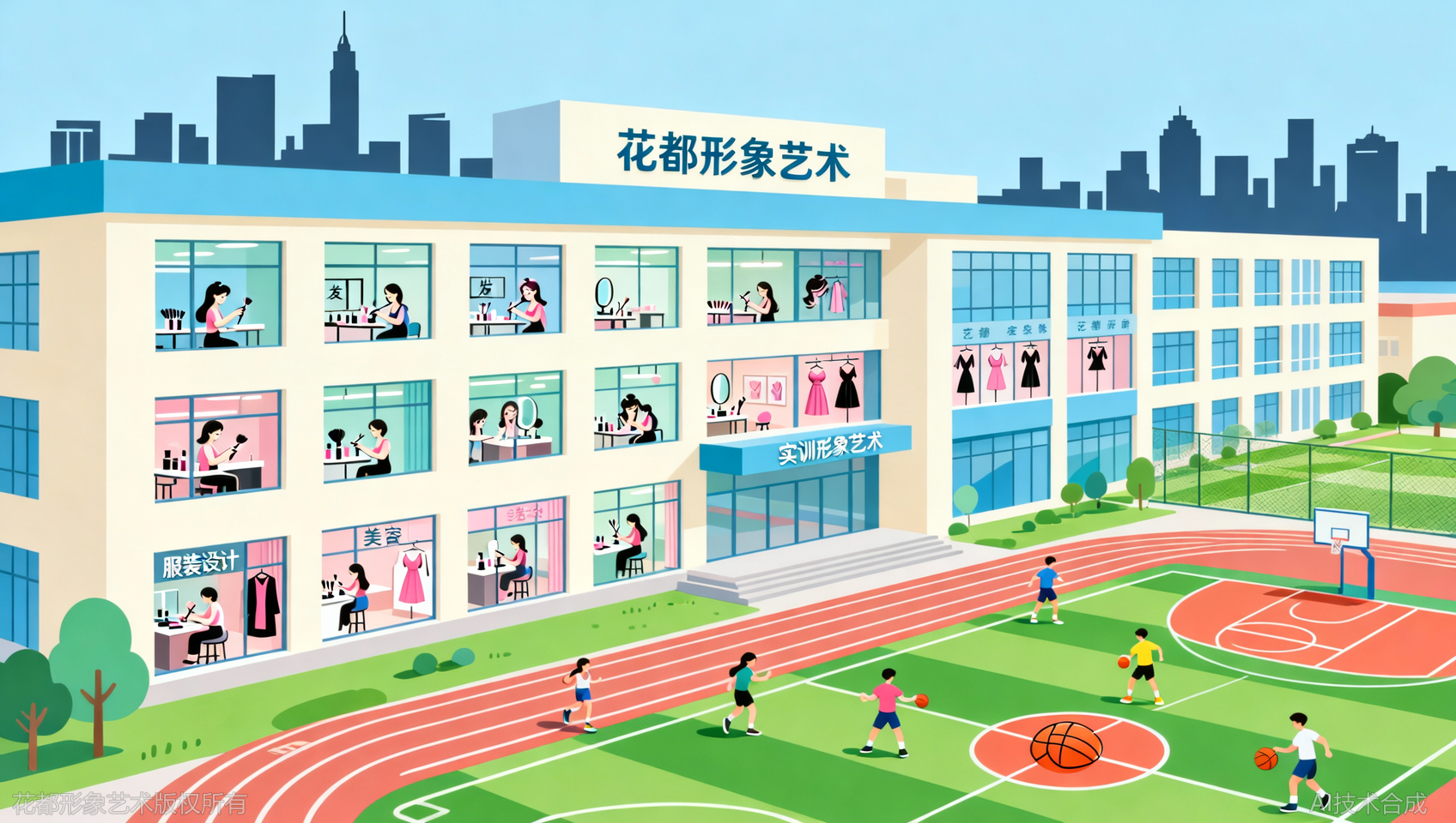 比校区环境：石家庄花都学校拥有2个足球场和20个实训中心